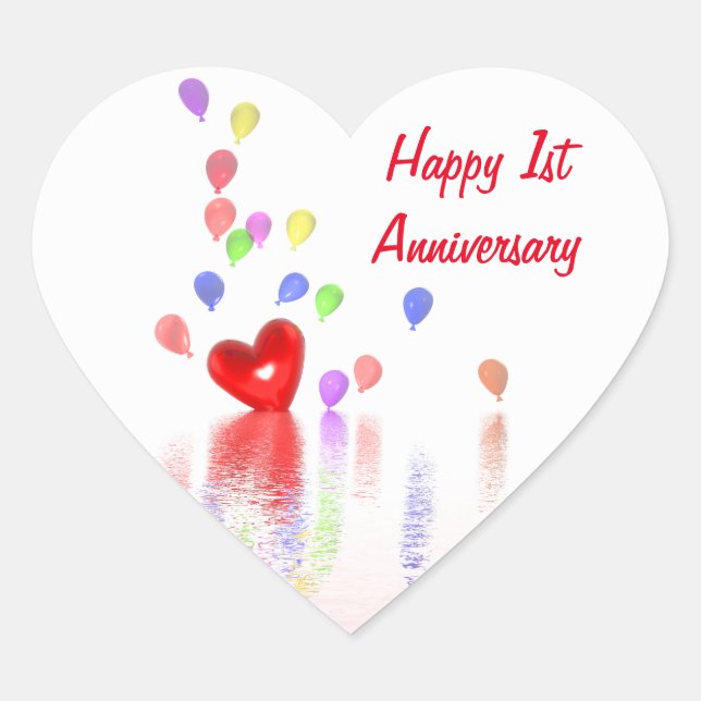 1st Anniversary Red Heart and Balloons Heart Sticker (Front)