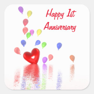 1st Anniversary Red Heart and Balloons Square Sticker