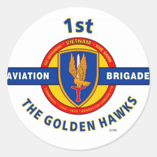 1ST AVIATION BRIGADE VIETNAM "GOLDEN HAWKS" CLASSIC ROUND STICKER