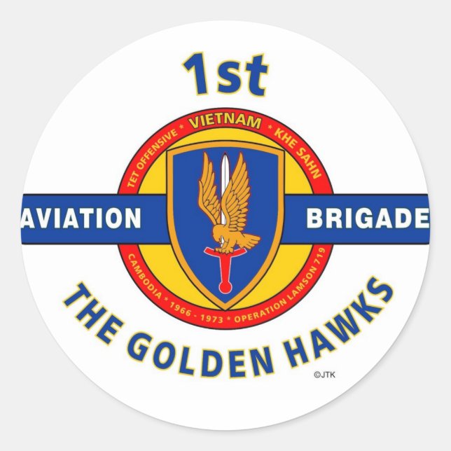 1ST AVIATION BRIGADE VIETNAM "GOLDEN HAWKS" CLASSIC ROUND STICKER (Front)