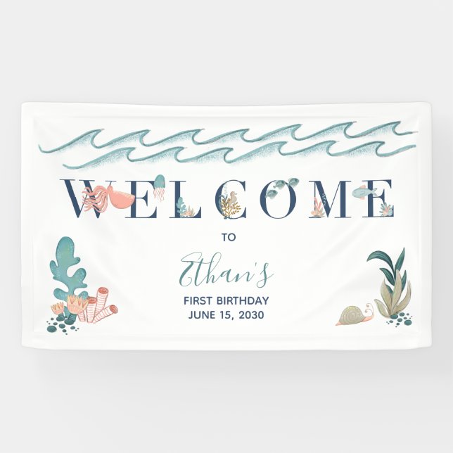 1st Baby Boy Cute Watercolor Blue Ocean Welcome  Banner (Horizontal)
