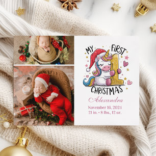 1st Baby Christmas 2 Photo  Pink Gold Unicorn Holiday Card