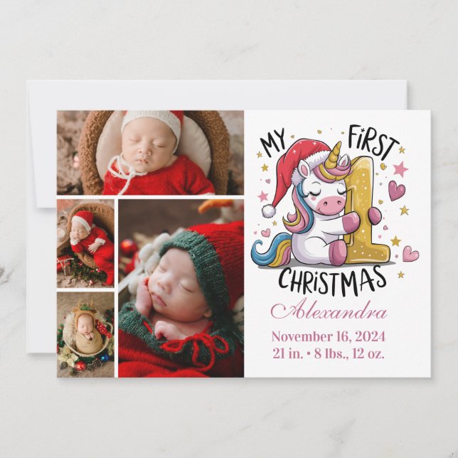 1st Baby Christmas 4 Photo  Pink Gold Unicorn Holiday Card (Front)