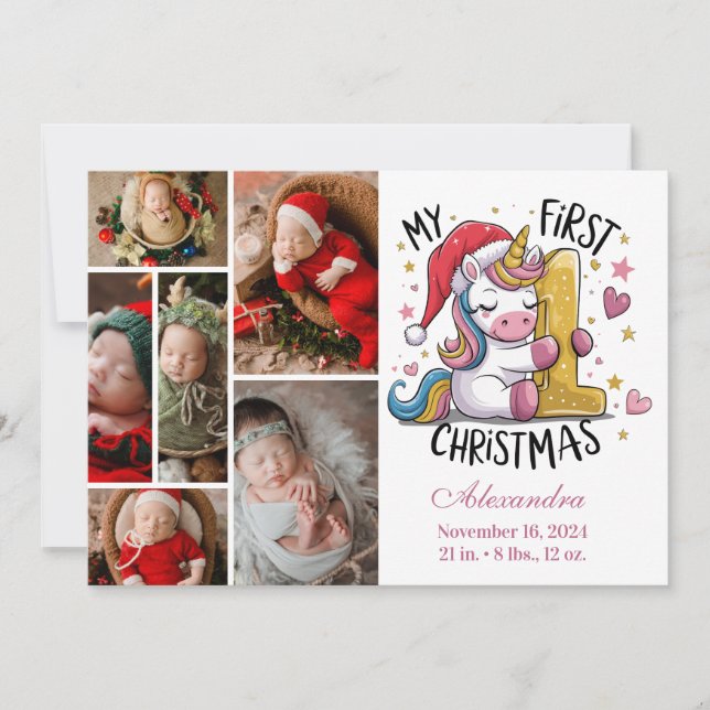1st Baby Christmas 6 Photo  Pink Gold Unicorn Holiday Card (Front)