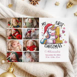 1st Baby Christmas 9 Photo  Pink Gold Unicorn Holiday Card
