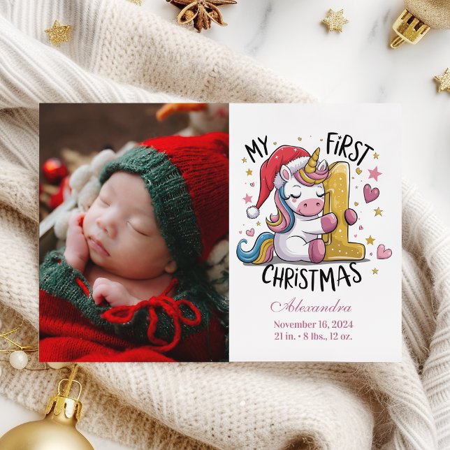 1st Baby Christmas Photo  Pink Gold Unicorn Holiday Card (Creator Uploaded)