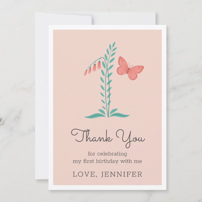 1st Baby Girl Pink Butterfly Floral Thank You Card (Front)
