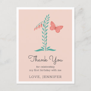 1st Baby Girl Pink Butterfly Floral Thank You Postcard