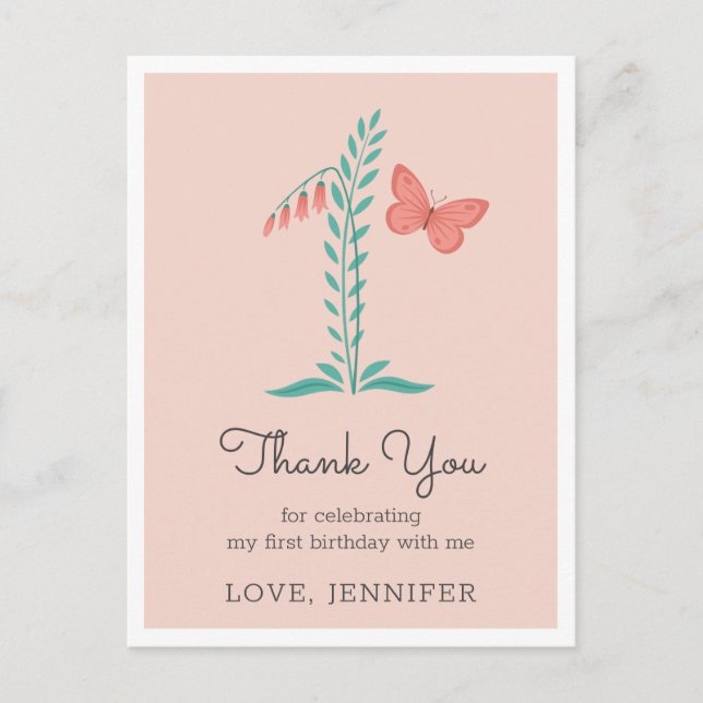 1st Baby Girl Pink Butterfly Floral Thank You Postcard (Front)