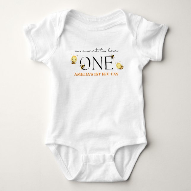 1st bee-day, bee birthday baby bodysuit (Front)