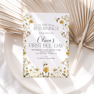 1st Bee Day Bumble Bee Girls Birthday Floral Invitation