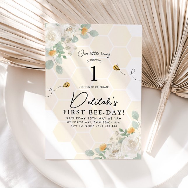 1st Bee Day Bumble Bee Girls Birthday Honey Floral Invitation (Creator Uploaded)