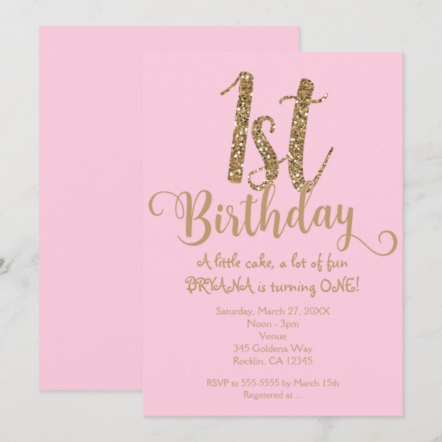 1ST BIRTHDAY 1 Pink & Gold Party One Invitations (Front/Back)