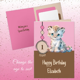 1st birthday 1 today name cute leopard pink card