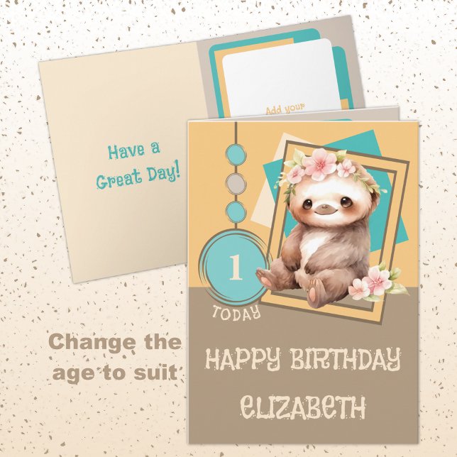 1st birthday 1 today name cute sloth brown orange card (Creator Uploaded)