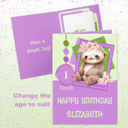 1st birthday 1 today name cute sloth green purple card