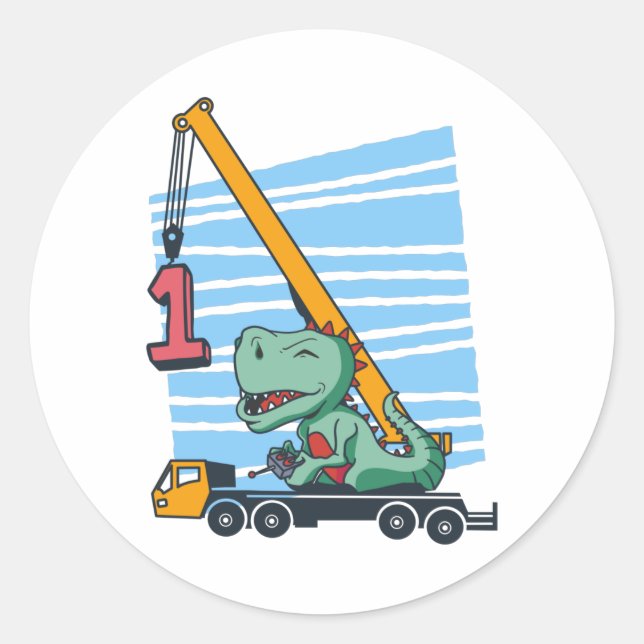 1st Birthday 1 year Mobile Crane Dinosaur Classic Round Sticker (Front)