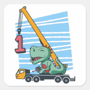 1st Birthday 1 year Mobile Crane Dinosaur Square Sticker