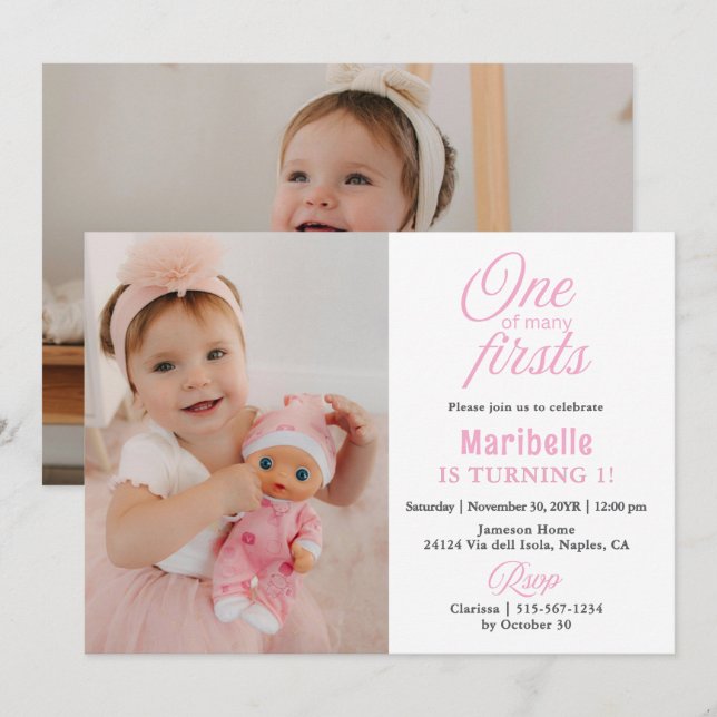 1st Birthday 2 Photo Cute Girl One of Many Firsts Invitation (Front/Back)