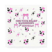  1ST BIRTHDAY 6.5" PAPER NAPKINS PINK WHITE HEARTS