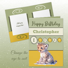 1st birthday add name boy cute animal green card