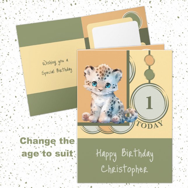 1st Birthday add name cute leopard green yellow Card (Creator Uploaded)
