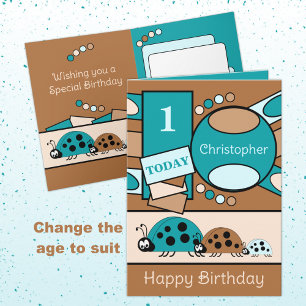 1st birthday add name ladybugs turquoise brown card