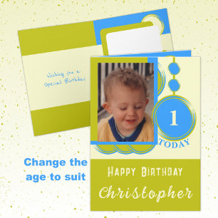 1st Birthday add name photo blue green Card