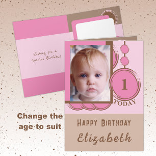 1st Birthday add name photo pink brown Card