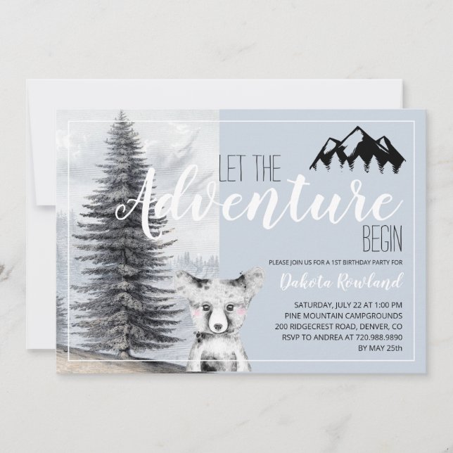 1st Birthday Adventure Awaits Woodland Bear  Invitation (Front)