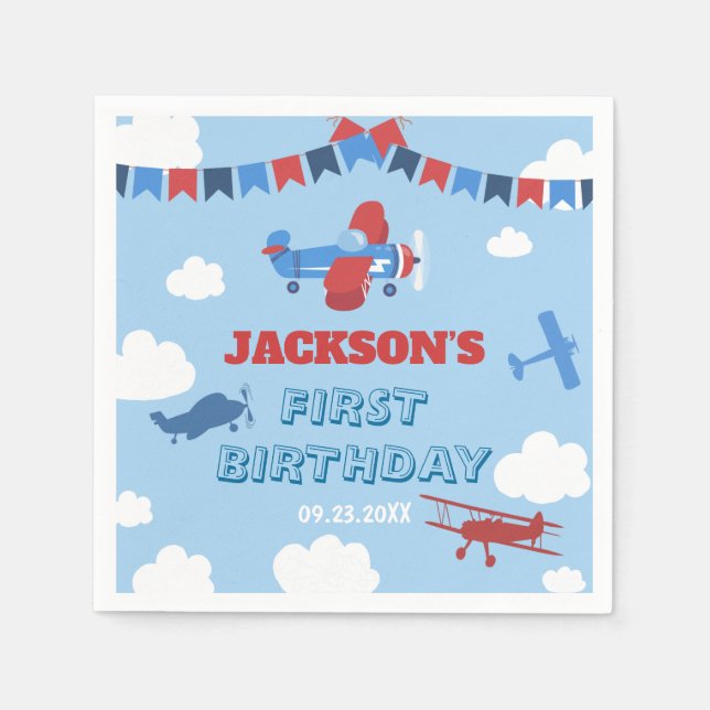 1st Birthday Aeroplane ONE Year Has Flown Sky Clou Napkin (Front)