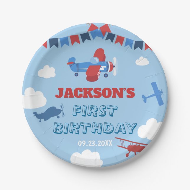 1st Birthday Aeroplane ONE Year Has Flown Sky Clou Paper Plate (Front)