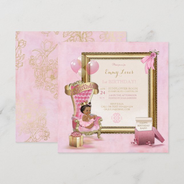 1st Birthday African American Princess Throne Invitation (Front/Back)