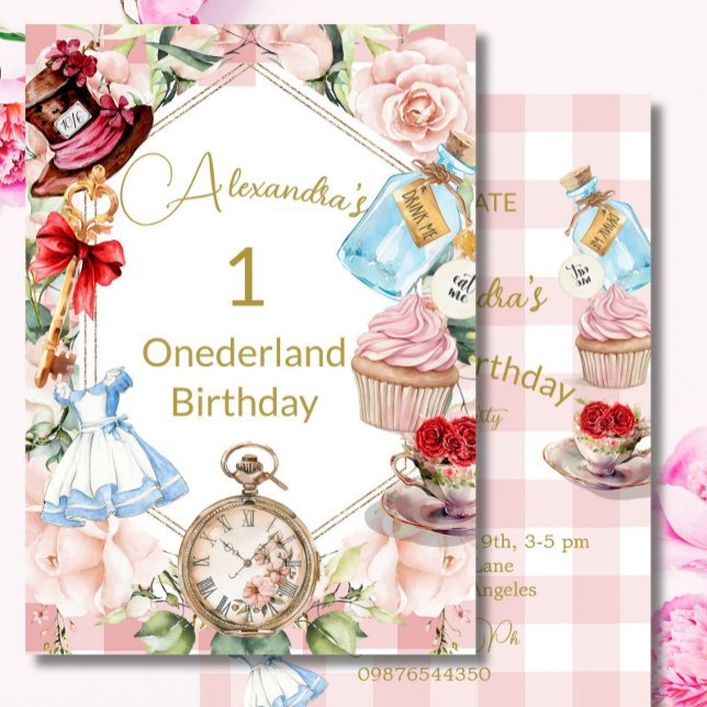 1st Birthday Alice In Wonderland Gingham Pink  Invitation (Creator Uploaded)