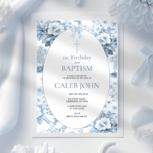 1st Birthday and Baptism for Boy Blue Toile  Invitation