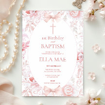1st Birthday and Baptism for Girl Pink Toile