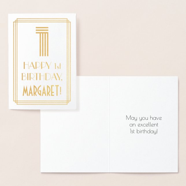 1st Birthday - Art Deco Inspired Look "1" & Name Foil Card (Display)