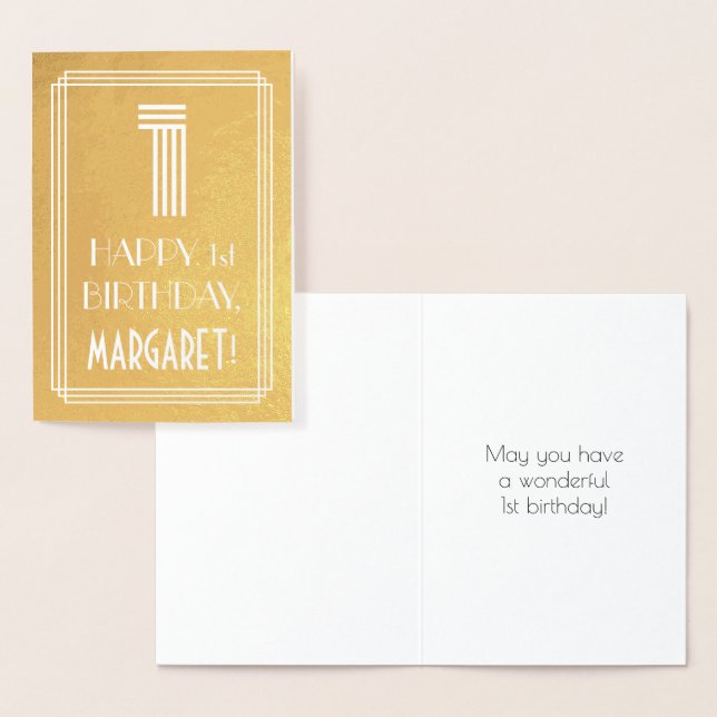 1st Birthday – Art Deco Inspired Look "1" + Name Foil Card (Display)