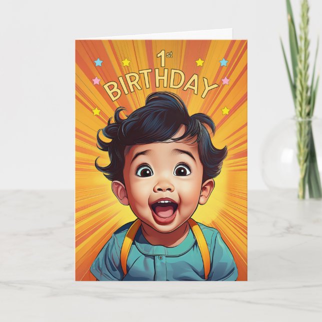 1st Birthday Asian Baby Boy in Orange Comic Book Card (Front)