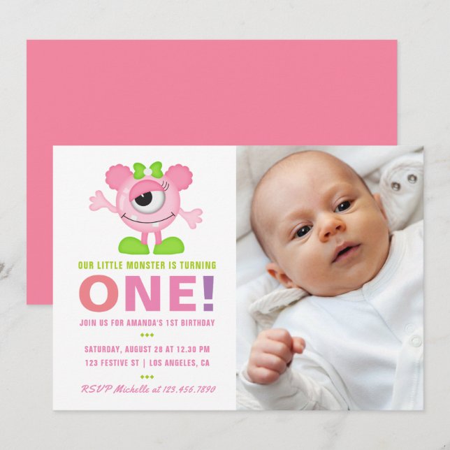 1st Birthday Baby Girl Little Monster Invitation (Front/Back)