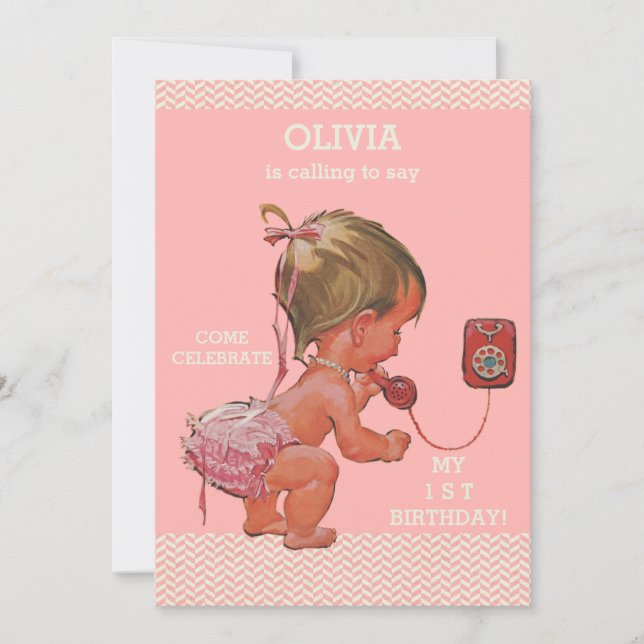 1st Birthday Baby Girl on Phone Pink Chevrons Invitation (Front)