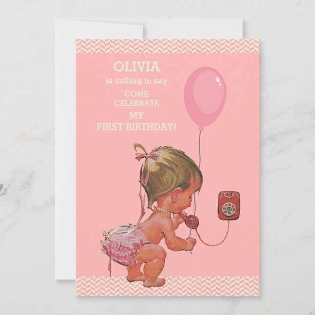 1st Birthday Baby Girl Phone Balloon Chevrons Invitation (Front)