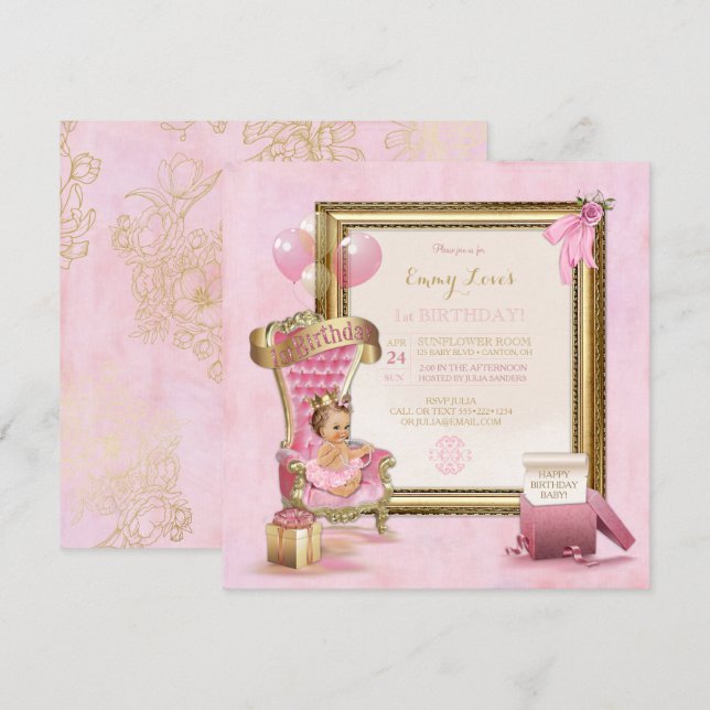 1st Birthday Baby Girl Princess Throne Gold Pink Invitation (Front/Back)