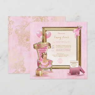 1st Birthday Baby Girl Princess Throne Gold Pink Invitation