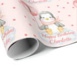 1st Birthday Baby Penguin Pink Wrapping Paper<br><div class="desc">A cute 1st birthday gift wrap with a watercolor cartoon baby girl penguin sitting on a cloud holding an age balloon and a pink polka dot/ confetti background A sweet design for a little girl who will be one years old. Add the child, s name and age to customise it...</div>