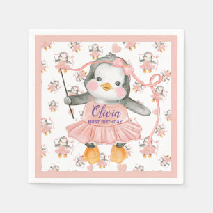 1st Birthday Ballerina Penguin Pink Paper Napkin