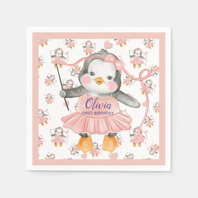 1st Birthday Ballerina Penguin Pink Paper Napkin (Front)