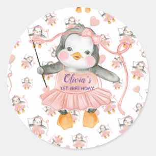 1st Birthday Ballerina Penguin Pink Personalised Classic Round Sticker