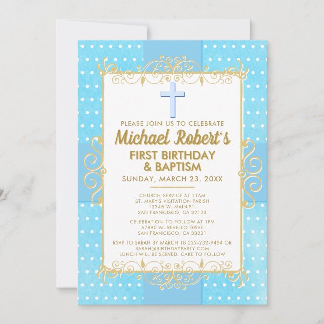 1st Birthday Baptism Blue Gold Text Polka Dot Invitation (Front)