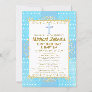 1st Birthday Baptism Blue Gold Text Polka Dot Invitation
